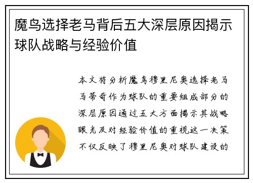 魔鸟选择老马背后五大深层原因揭示球队战略与经验价值