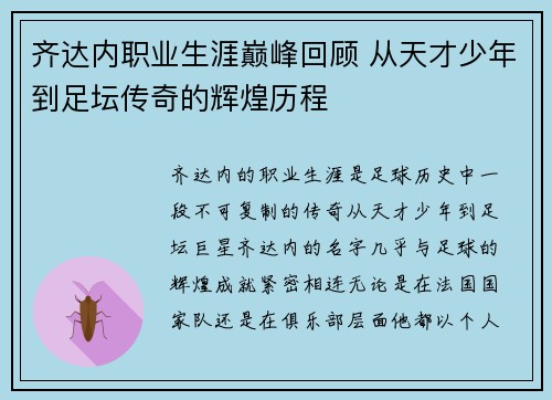 齐达内职业生涯巅峰回顾 从天才少年到足坛传奇的辉煌历程 齐达内职业生涯巅峰回顾 从天才少年到足坛传奇的辉煌历程
